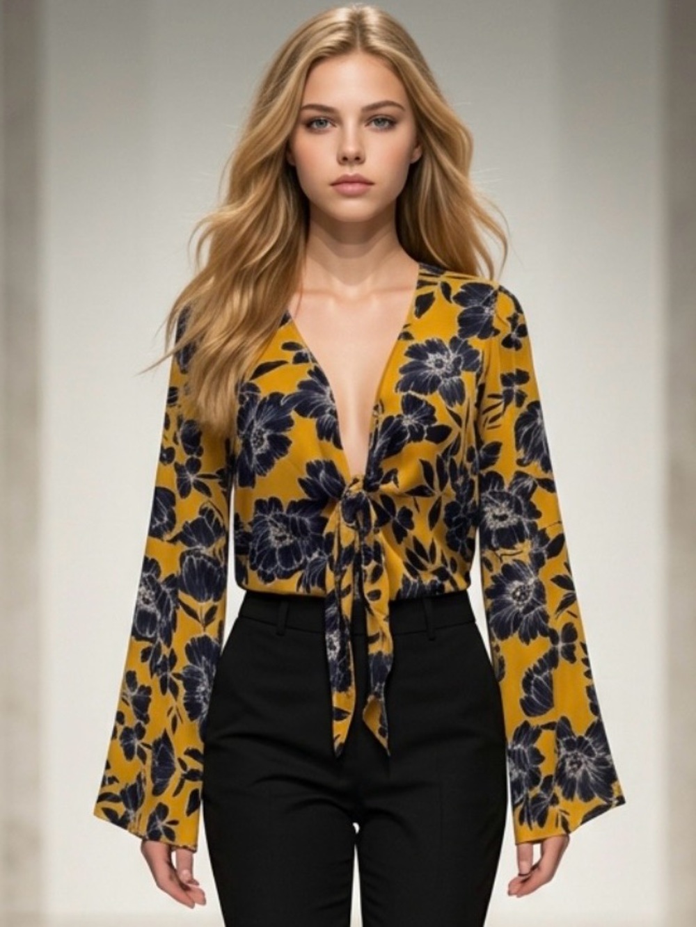 2 for $30 | Olivaceous Gold & Black Floral Tie-Front Blouse